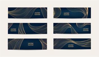 Set of vector collection design elements, banners, headers, luxury products background. Isolated on black wavy golden lines, flow.