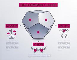 Vector set of company culture icons. logos Mission. Vision. Values. Web page template, presentation page. Linear concept with hill and flag, glasses, diamond.