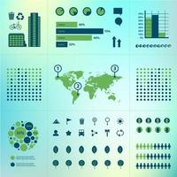 Vector set of eco infographics. World map, charts, trees, urban icons on green background.