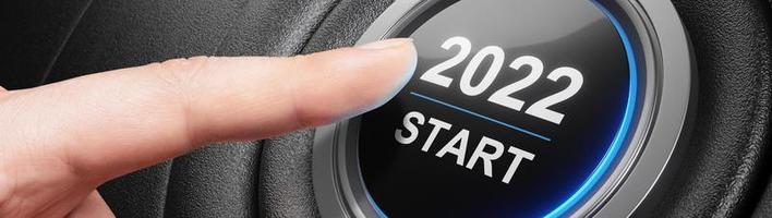 Start 2022. Happy New Year button. 3D illustration photo