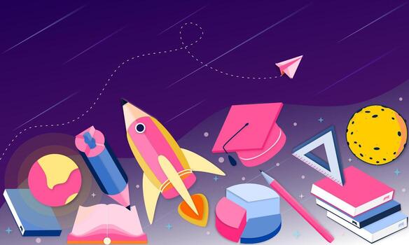 3d landing page design template for back to school, course, class, education in galaxy space imagination. Modern vector illustration concept for poster, banner, promotion, sale website and mobile app.