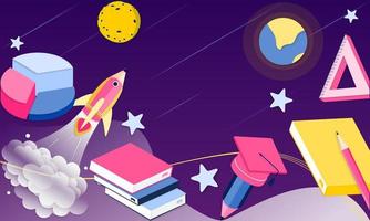 Plantilla de diseño de página de destino 3d para el regreso a la escuela, curso, clase, educación en la imaginación del espacio galaxia. concepto moderno de ilustración vectorial para cartel, banner, promoción, sitio web de venta y aplicación móvil. vector