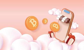 shopping and crypto on phone Banner Vector illustration 3d banking BTC gold cion cash trade money market sell business.