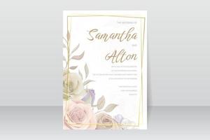 Plantilla de invitación de boda con decoración floral y hojas. vector