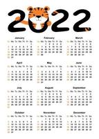 Calendar for 2022 isolated on a white background. Sunday to Monday. vector