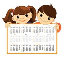 Calendar for 2022 isolated on a white background. Sunday to Monday.Vector character, kids figures boy and girl. vector