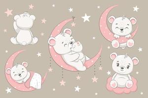 Set of cute bears, sleeping on the moon, dreaming and flying in a dream on the clouds. Cartoon vector illustration.