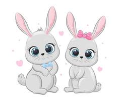 A cute pair of rabbits with hearts. Cartoon vector illustration.