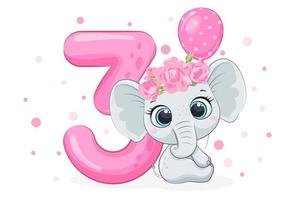 Cartoon illustration - Happy birthday, 3 year, a cute baby elephant girl. Vector illustration.