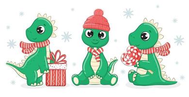 A collection of 3 cute dinosaurs for the New Year. Vector cartoon illustration.