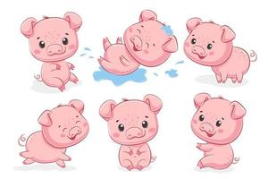 A collection of 6 cute piglets. Vector illustration of a cartoon.