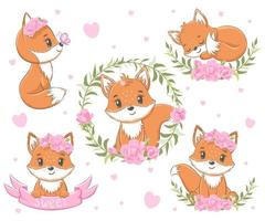 A collection of six cute little foxes, decorated with ribbons, hearts and wreaths. Vector illustration of a cartoon.