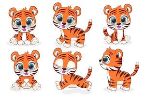 A collection of 6 cute tiger cubs. Vector cartoon graphics.