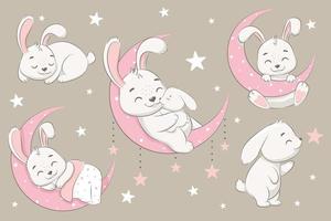 A collection of cute rabbits sleeping on the moon, dreaming and flying in a dream on the clouds. Vector illustration of a cartoon.