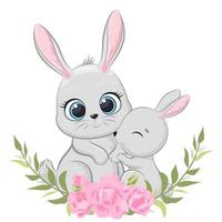 Cute mother rabbit and baby with flowers and a wreath. Vector illustration of a cartoon.