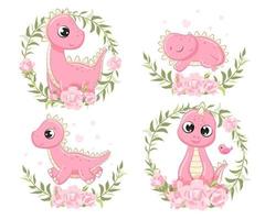 lindo conjunto de ilustración de dinosaurios bebé. ilustración vectorial para baby shower, tarjeta de felicitación, invitación a una fiesta, estampado de camisetas de ropa de moda. vector