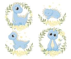 lindo conjunto de ilustración de dinosaurios bebé. ilustración vectorial para baby shower, tarjeta de felicitación, invitación a una fiesta, estampado de camisetas de ropa de moda. vector