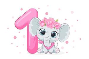 Ilustración de dibujos animados - feliz cumpleaños, 1 año, una linda niña elefante. ilustración vectorial. vector