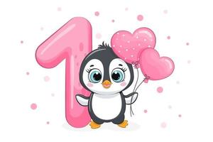 Ilustración de dibujos animados - feliz cumpleaños, 1 año, lindo pingüino. ilustración vectorial. vector
