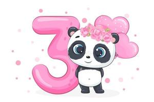 Cartoon illustration - Happy birthday, 3 year, cute panda girl. Vector illustration.