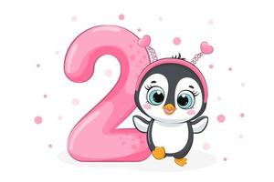 Cartoon illustration - Happy birthday, 2 year, cute penguin. Vector illustration.