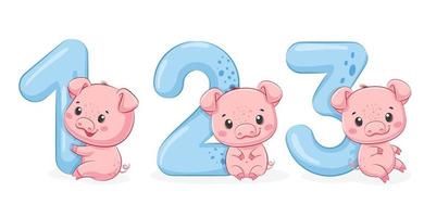 Collection of 3 cute piglets - Happy birthday, 1,2,3 years. Vector illustration of a cartoon.