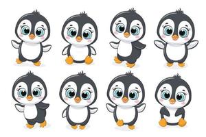 A collection of eight cute penguins. Vector illustration of a cartoon.