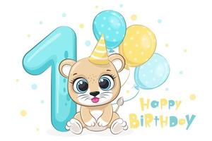 Ilustración de dibujos animados - feliz cumpleaños, 1 año, lindo cachorro de león. ilustración vectorial. vector