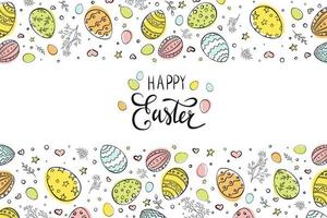 Happy Easter Greeting Card. Hand drawn Easter Eggs with decorative elements for wallpaper, flyer, poster, brochure, banners, sticker, print, invitation design and decoration. Doodle style vector