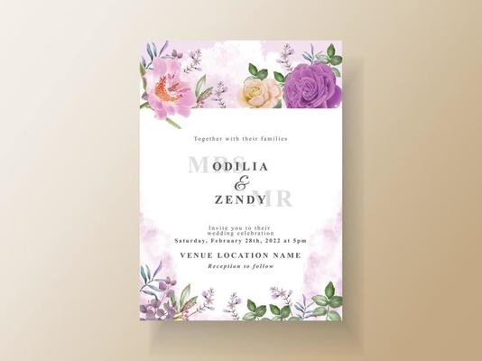 Soft yellow and purple flowers wedding invitation card