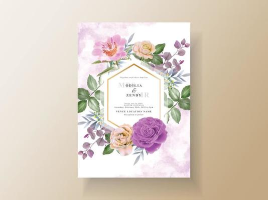 Soft yellow and purple flowers wedding invitation card