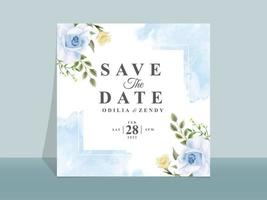 tarjeta de invitación de boda con hermosas flores azules y amarillas
