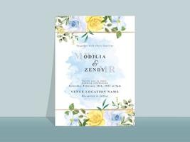 tarjeta de invitación de boda con hermosas flores azules y amarillas