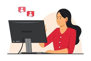 Freelance Woman Online Working with Computer. vector