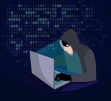 A hacker with a laptop. Web crime with password hacking and identity theft, software bugs, viruses and spam. The concept of phishing, online fraud, cybercrime, and web protection. Vector illustration.