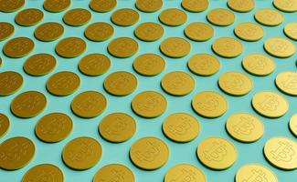 Patrón de bitcoins dorados con fondo azul. foto