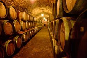 Wine barrels in wine-vaults in order. Wine bottle and barrels photo