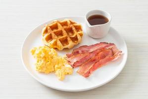 scrambled egg with bacon and waffle photo