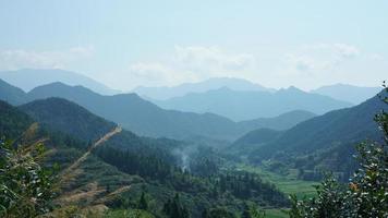 The beautiful mountains landscapes with the green forest and little village as background in the countryside of the China photo