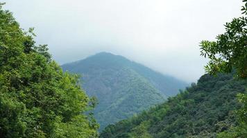 los hermosos paisajes de las montañas con el bosque verde y el pequeño pueblo como fondo en el campo de China foto