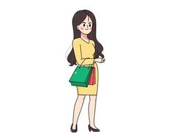 hermosa mujer con bolsas de compras ilustración de arte de dibujos animados dibujados a mano vector