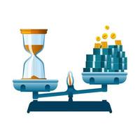 Scales on one side of which there is an hourglass on the second side there are bundles of money vector