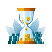 An hourglass with coins inside on the background of a stack of money and leaves vector