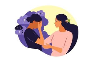 Psychotherapy or psychology support concept. Two woman different states of consciousness mind - depression and positive mental health mood. Vector illustration. Flat