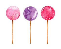 Set of watercolor lollipops. Pink and violet candy on sticks isolated on white background. Hand-drawn illustration. Perfect for your project, cards, prints, covers, menu, patterns. vector