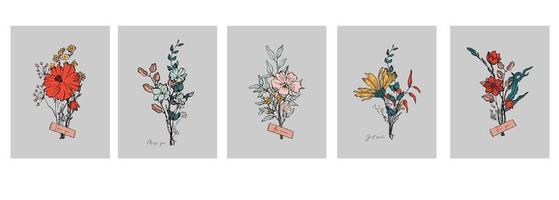 Diseño de tarjetas vectoriales florales para el día de San Valentín o el día de la mujer con citas cortas sobre el amor. tarjetas de felicitación o carteles con ramos de flores vectoriales. vector