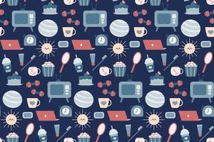 Seamless repeating pattern with cozy household items. Morning and evening routine. Vector illustration.