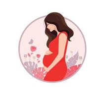 Happy pregnant woman holds her belly with Decorated beautiful leaves vector