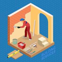 Builder is Plastering. Isometric Interior Repairs Concept. vector