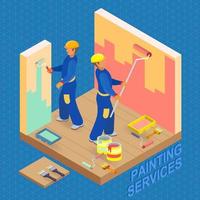 Two Decorators are Painting. Isometric Interior Repairs Concept. vector